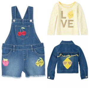 Girls Yellow Lemon Embroidered Overalls, Shirt, & Jacket 3 Piece Outfit Set 5t